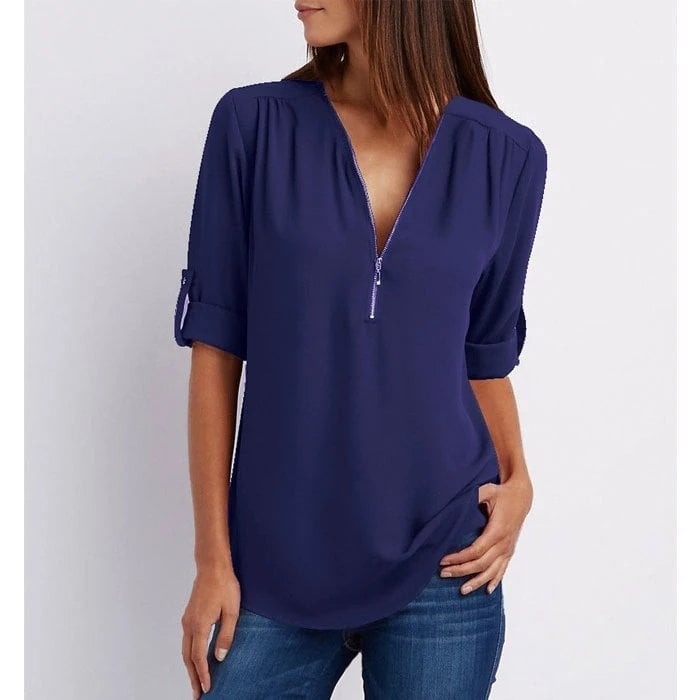 Jacquette - Dámský top s polo zipem a ohrnutými rukávy