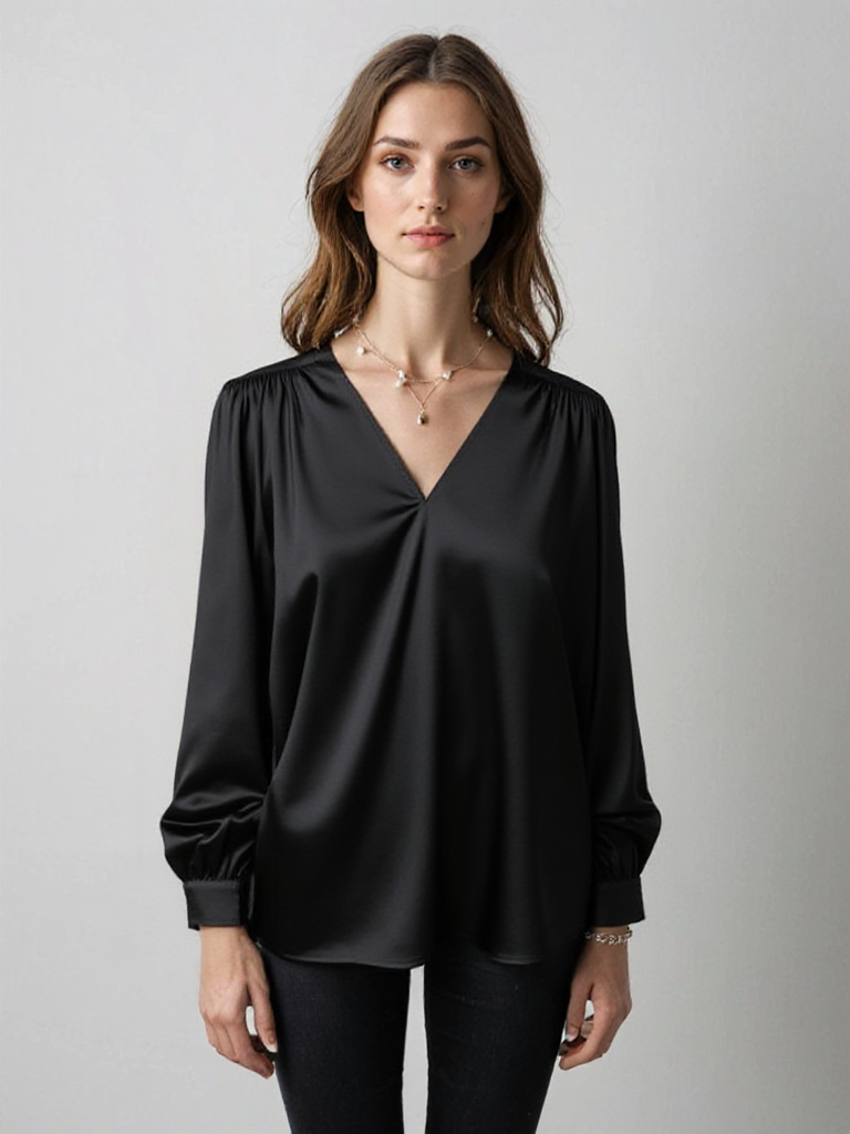 Tessa | Drape blouse černý satén