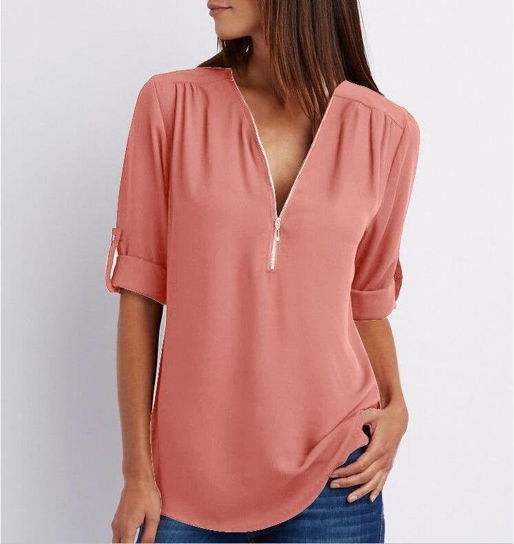 Jacquette - Dámský top s polo zipem a ohrnutými rukávy