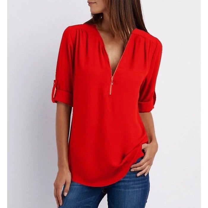 Jacquette - Dámský top s polo zipem a ohrnutými rukávy