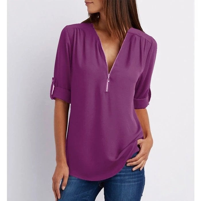 Jacquette - Dámský top s polo zipem a ohrnutými rukávy