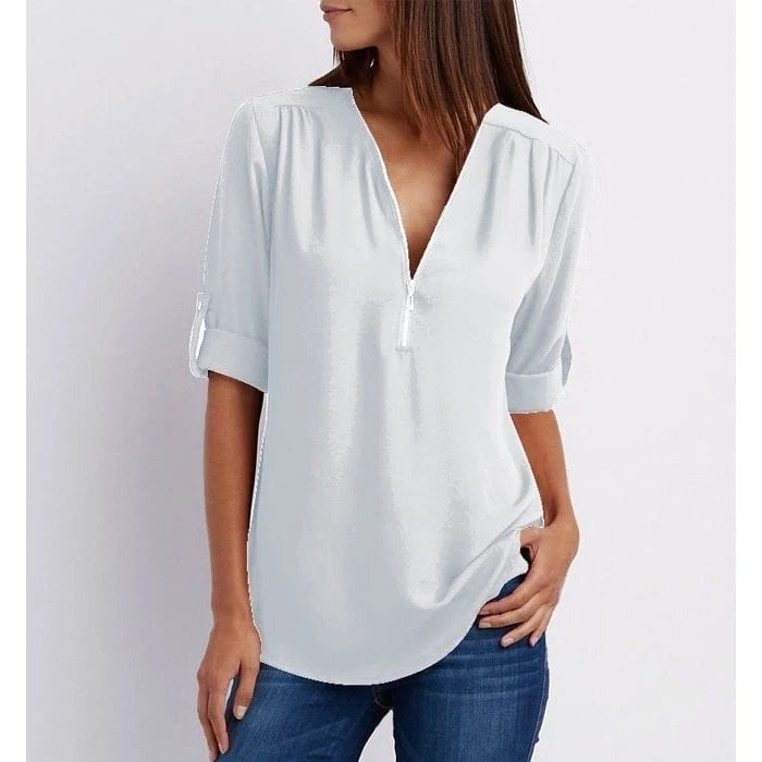 Jacquette - Dámský top s polo zipem a ohrnutými rukávy