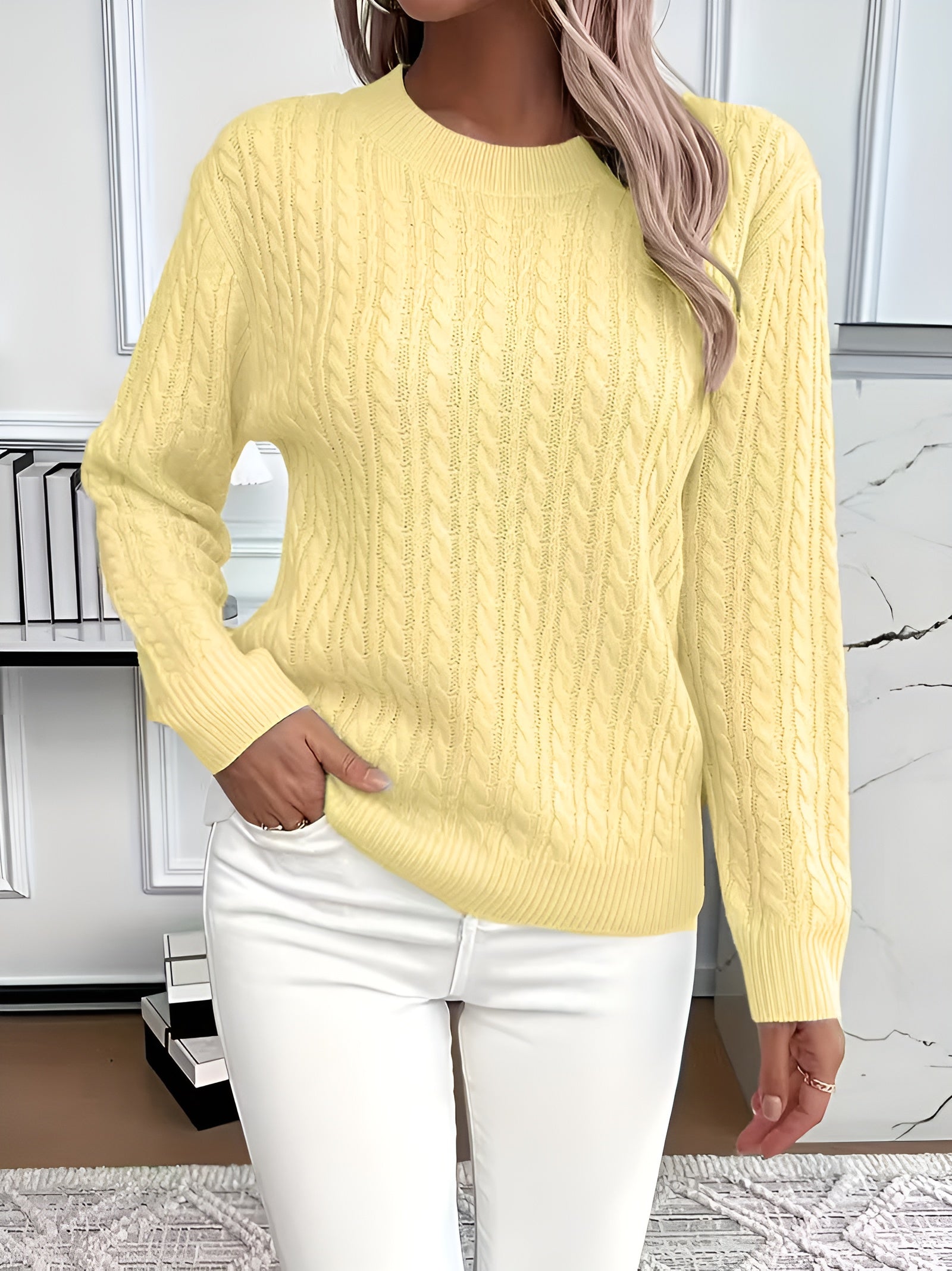 Elissa™ – Pletený svetr s dlouhým rukávem a copánkovým vzorem