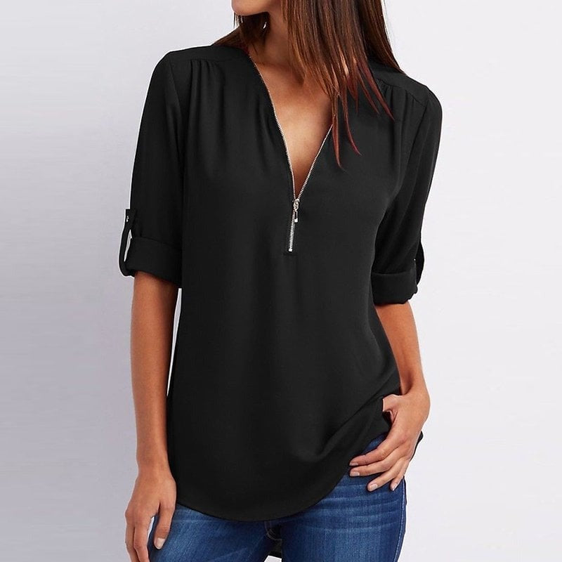 Jacquette - Dámský top s polo zipem a ohrnutými rukávy