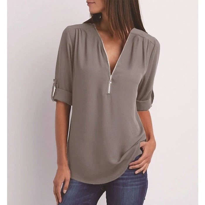Jacquette - Dámský top s polo zipem a ohrnutými rukávy