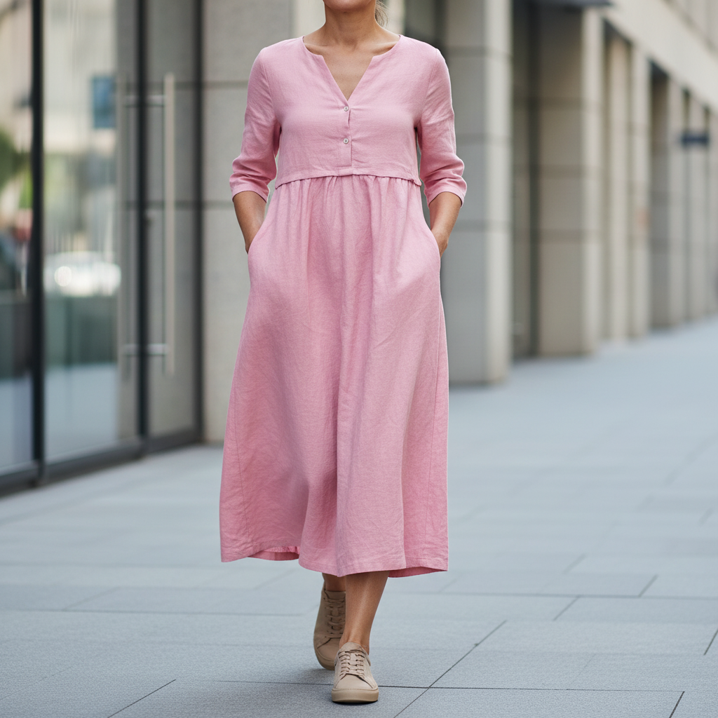 Luciana™ – Midi šaty na knoflíky dlouhý rukáv
