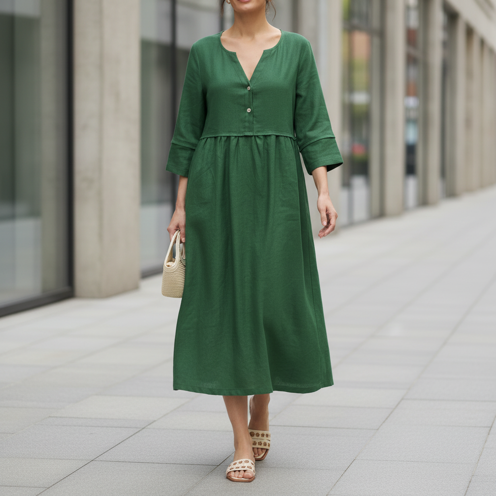 Luciana™ – Midi šaty na knoflíky dlouhý rukáv