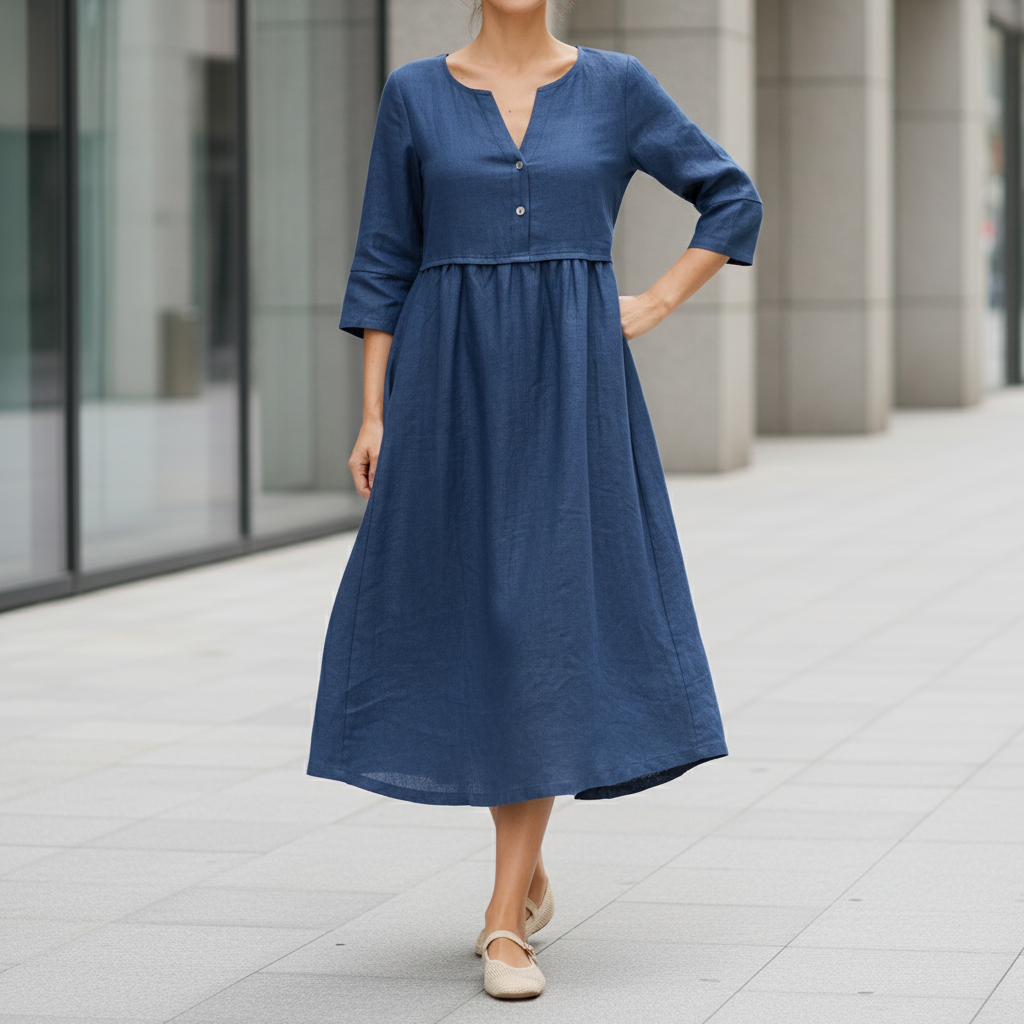 Luciana™ – Midi šaty na knoflíky dlouhý rukáv