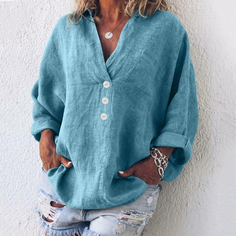 Queency - Oversized dámská blůza s hlubokým zapínáním na knoflíky a dlouhými rukávy