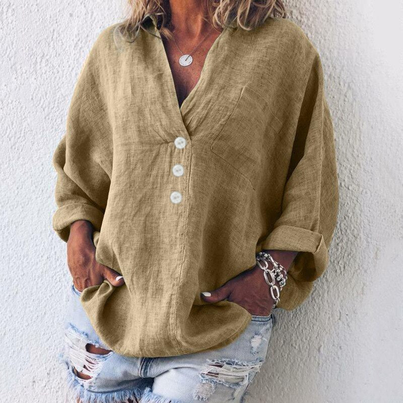 Queency - Oversized dámská blůza s hlubokým zapínáním na knoflíky a dlouhými rukávy