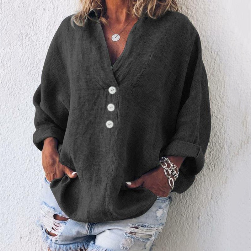 Queency - Oversized dámská blůza s hlubokým zapínáním na knoflíky a dlouhými rukávy