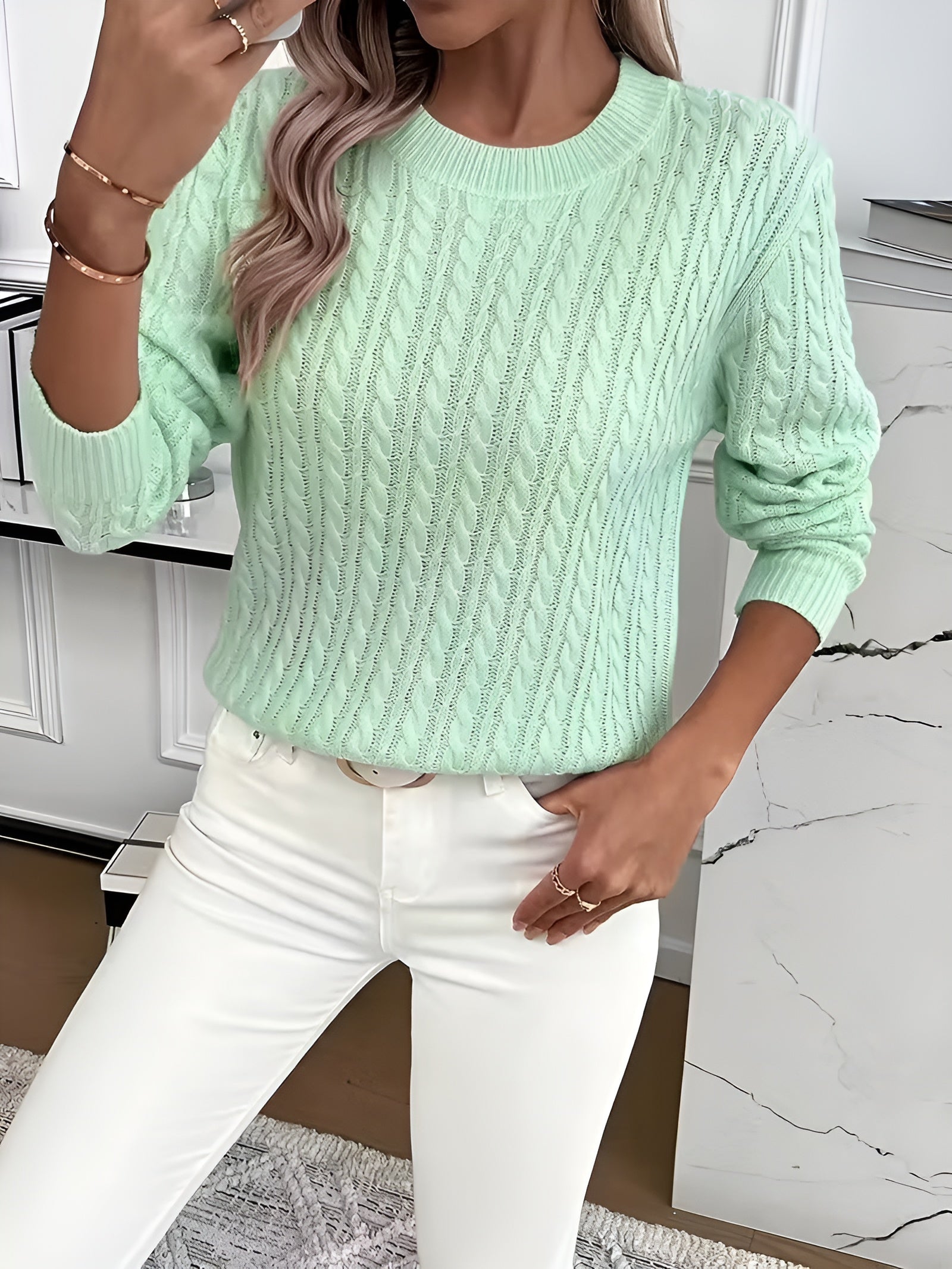 Elissa™ – Pletený svetr s dlouhým rukávem a copánkovým vzorem
