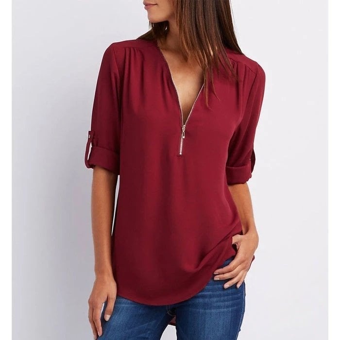 Jacquette - Dámský top s polo zipem a ohrnutými rukávy