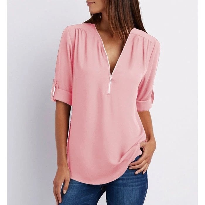 Jacquette - Dámský top s polo zipem a ohrnutými rukávy