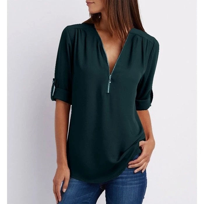 Jacquette - Dámský top s polo zipem a ohrnutými rukávy
