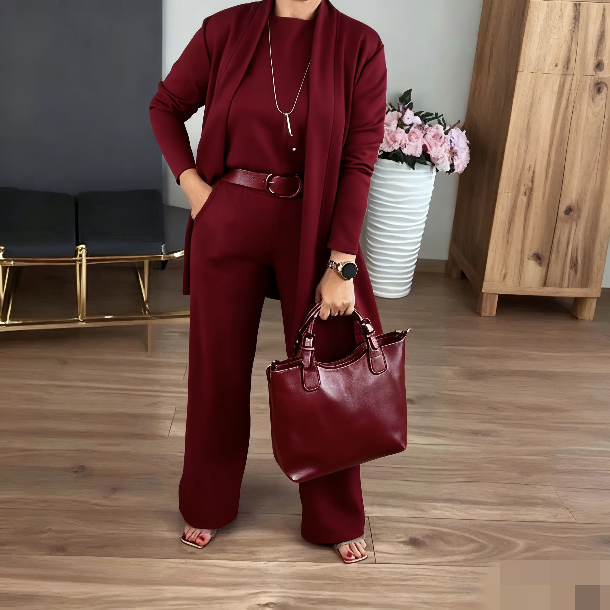 Serena | Dámská Třídílná Souprava s Kardiganem, Topem a Širokými Kalhotami