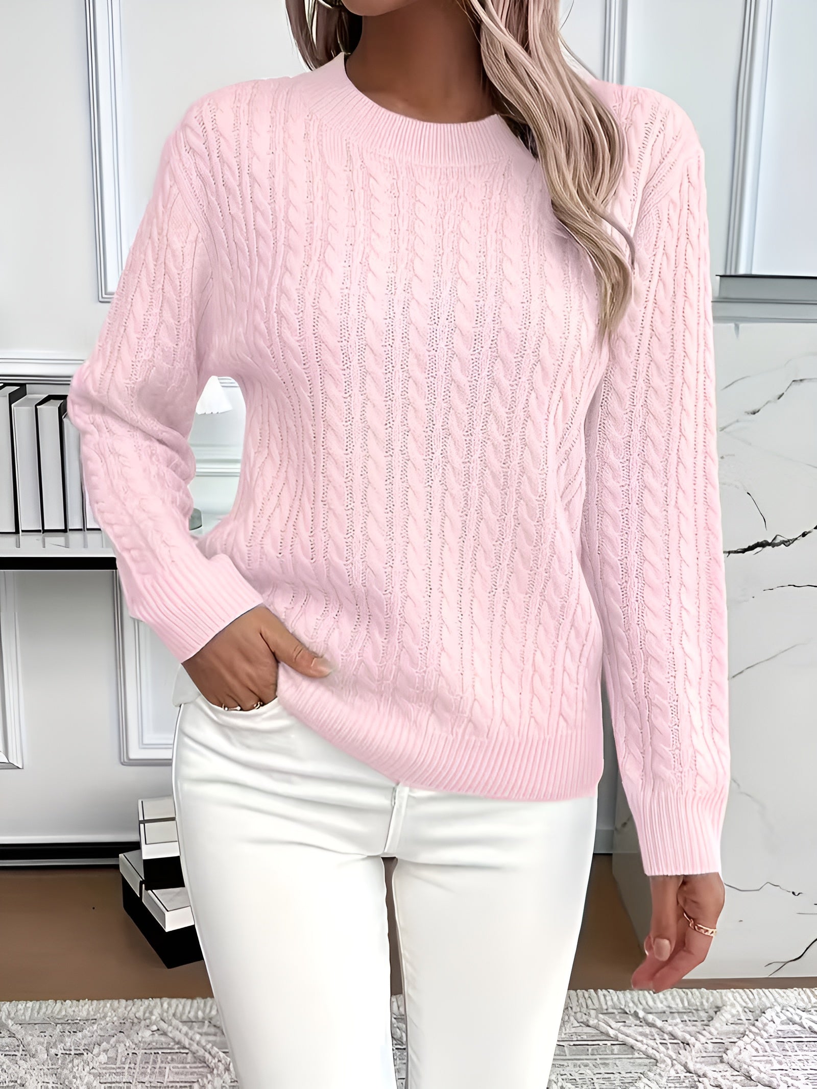 Elissa™ – Pletený svetr s dlouhým rukávem a copánkovým vzorem