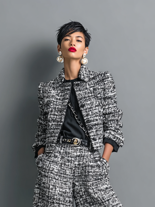 Naděžda™ – Tvídový set se sakem a širokými kalhotami