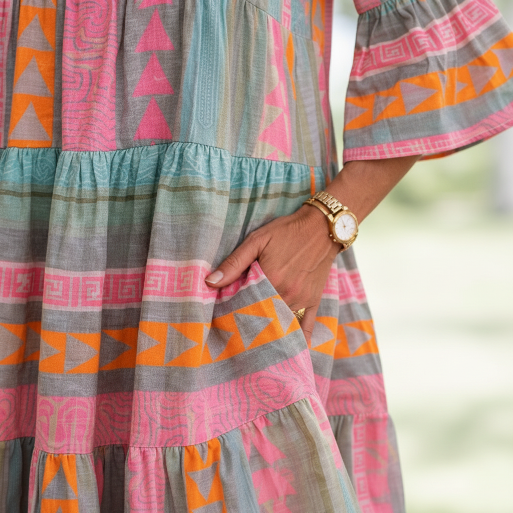 Maisy™ – Vrstvené boho šaty s geometrickým vzorem