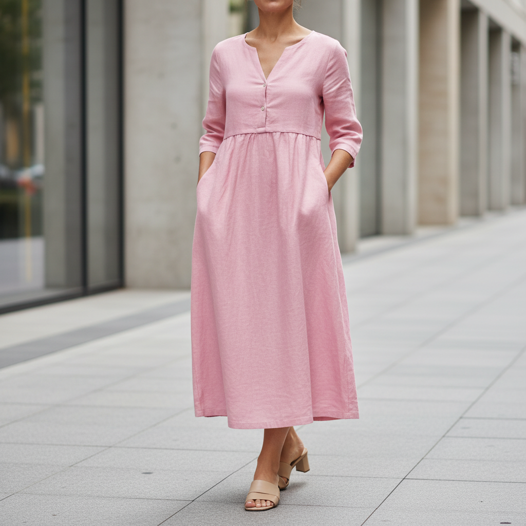 Luciana™ – Midi šaty na knoflíky dlouhý rukáv