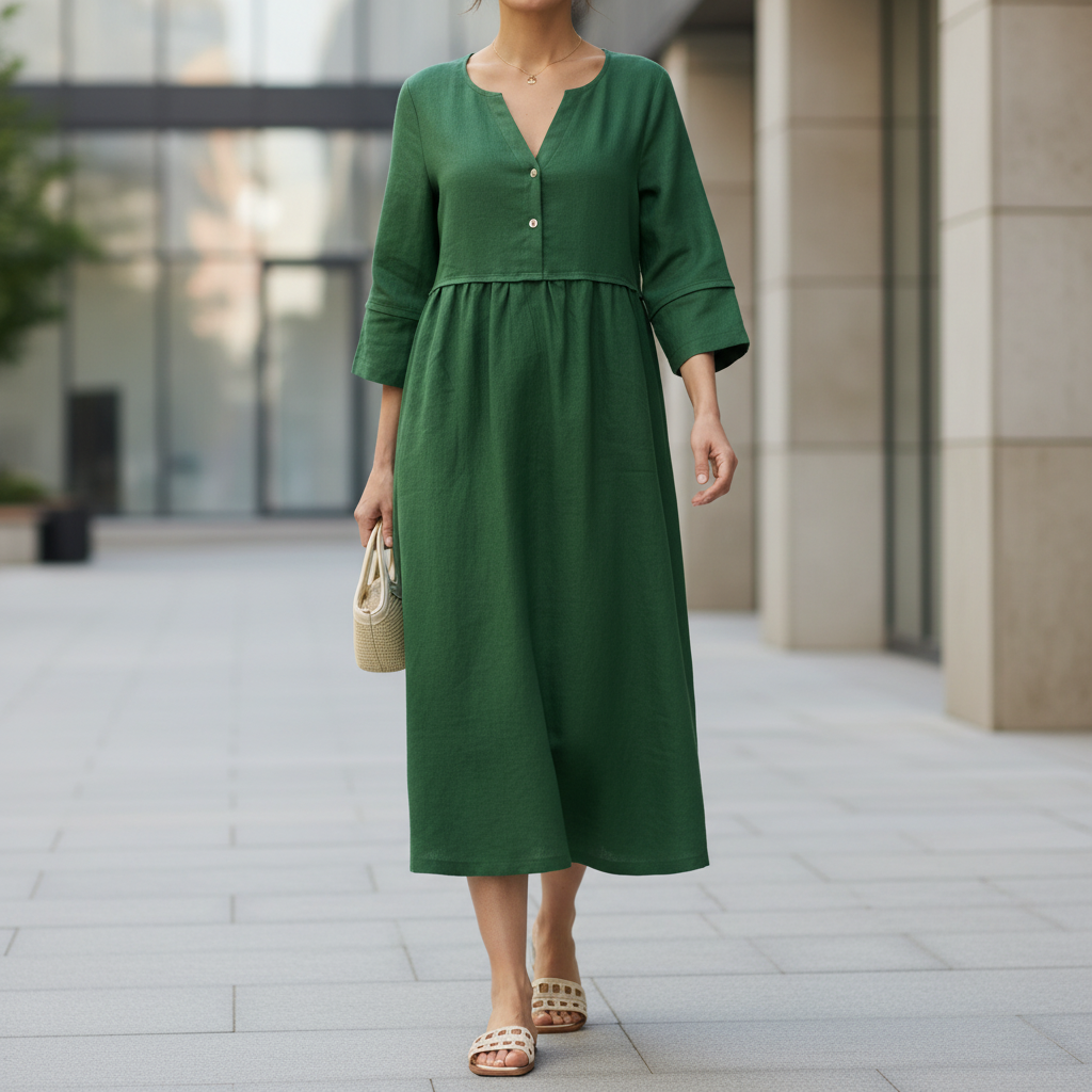 Luciana™ – Midi šaty na knoflíky dlouhý rukáv