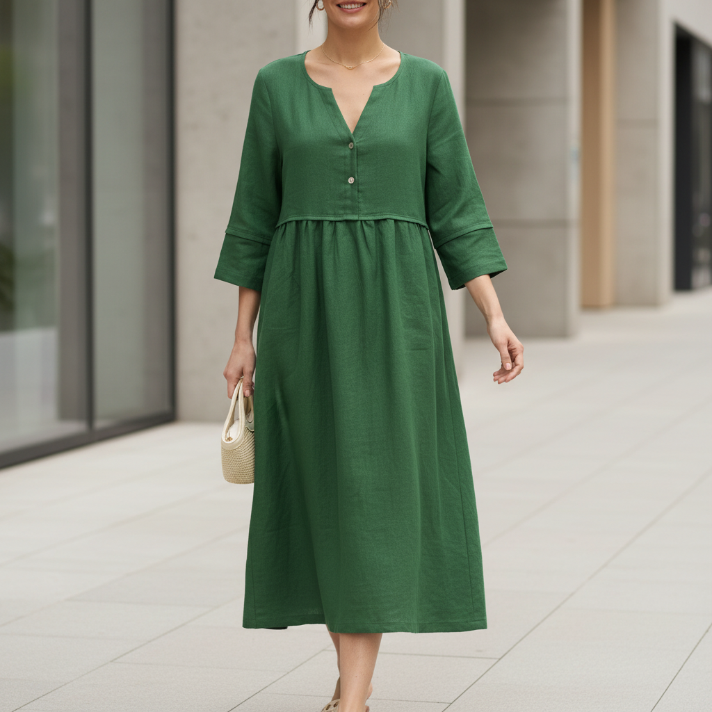 Luciana™ – Midi šaty na knoflíky dlouhý rukáv