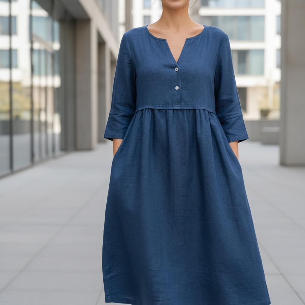 Luciana™ – Midi šaty na knoflíky dlouhý rukáv