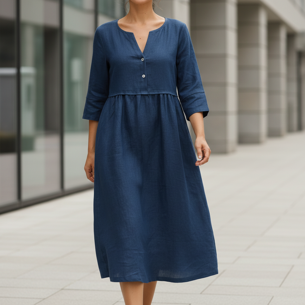 Luciana™ – Midi šaty na knoflíky dlouhý rukáv