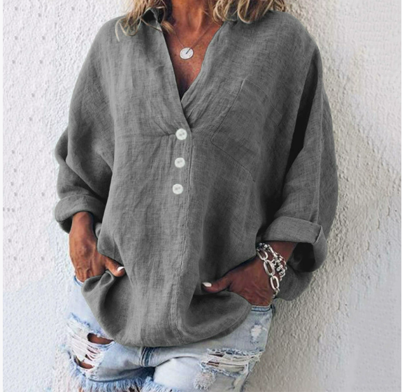 Queency - Oversized dámská blůza s hlubokým zapínáním na knoflíky a dlouhými rukávy