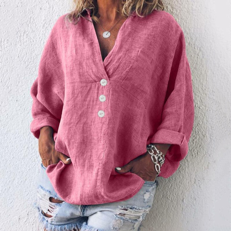 Queency - Oversized dámská blůza s hlubokým zapínáním na knoflíky a dlouhými rukávy